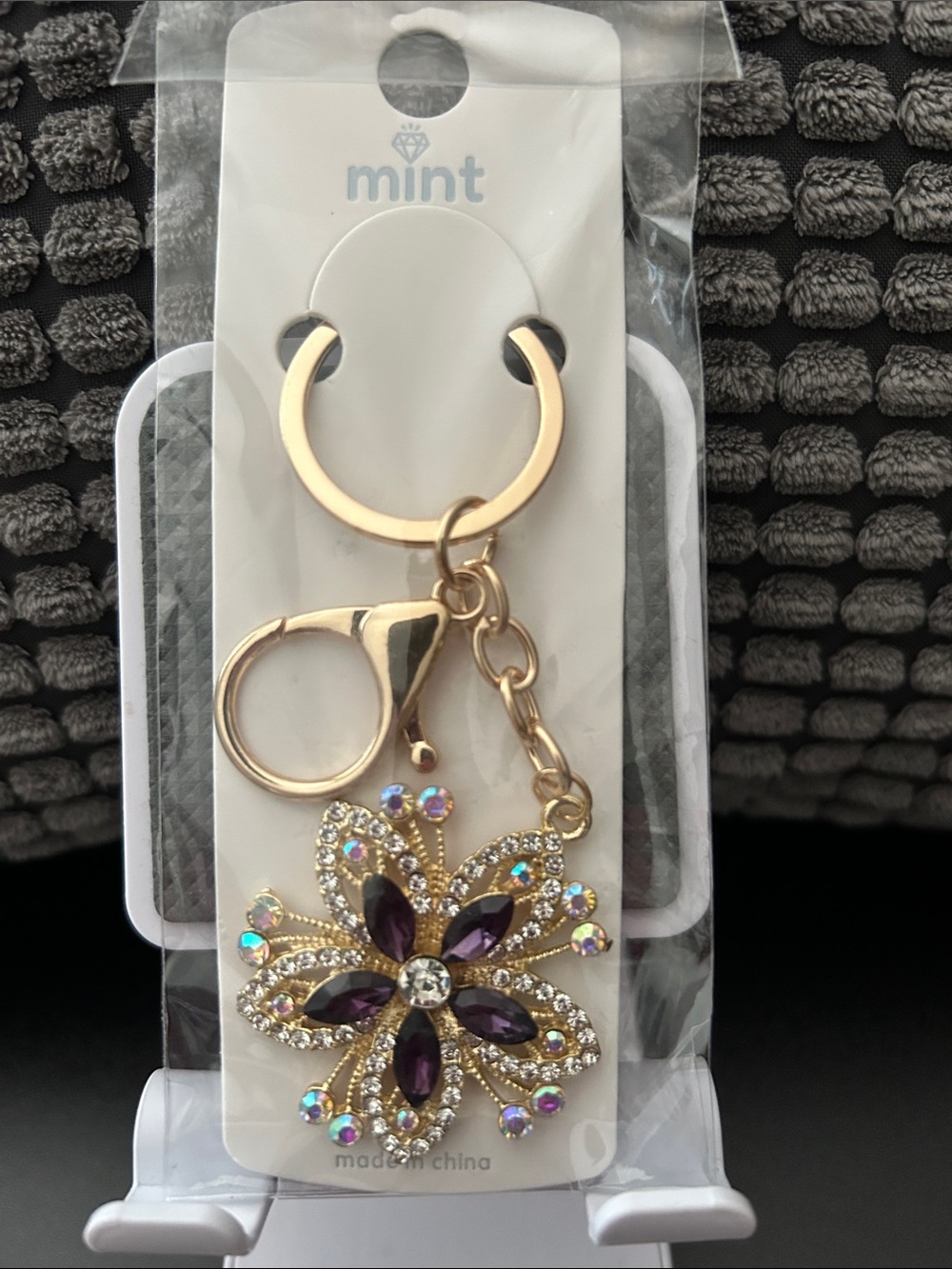 Mint Gold Floral Crystal Key & Card Holder Charm with Purple Accents